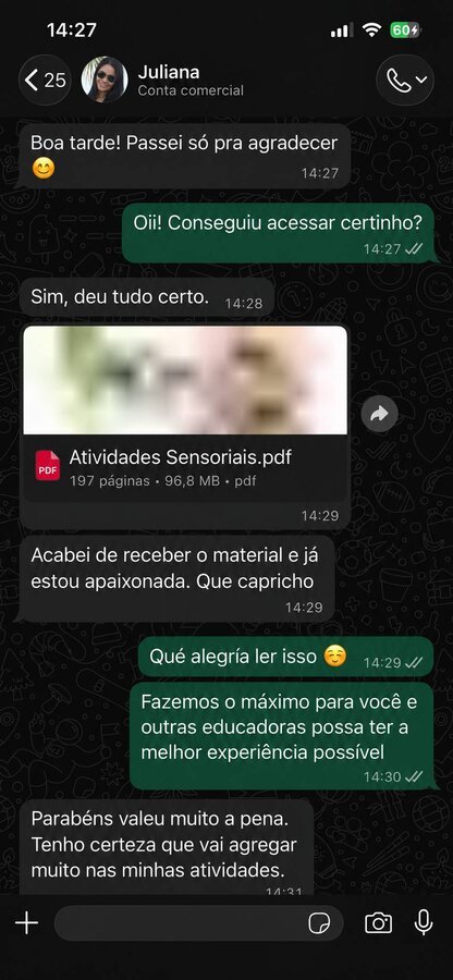 Depoimento de aluna no WhatsApp